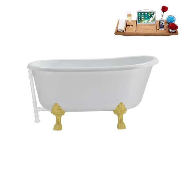 Streamline 57 in. Acrylic Clawfoot Non-Whirlpool Bathtub in Glossy White with Glossy White Drain and Brushed Gold Clawfeet