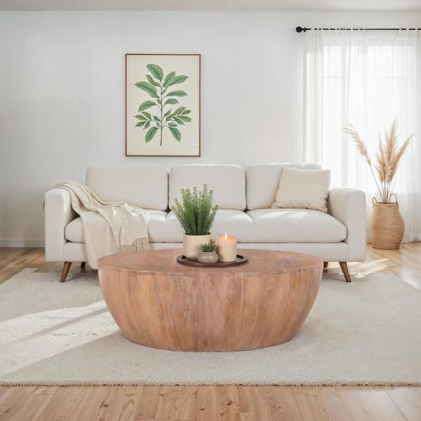 Arthur 35.5 in. Distressed Brown Round Drum Wooden Coffee Table with Plank Design Base