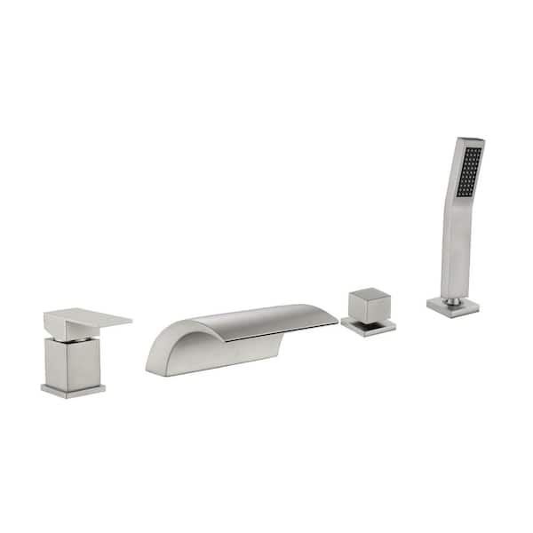 AIMADI Single-Handle Waterfall Deck-Mount Roman Tub Faucet with Handheld Shower 4 Hole Brass Bathtub Faucets in. Brushed Nickel