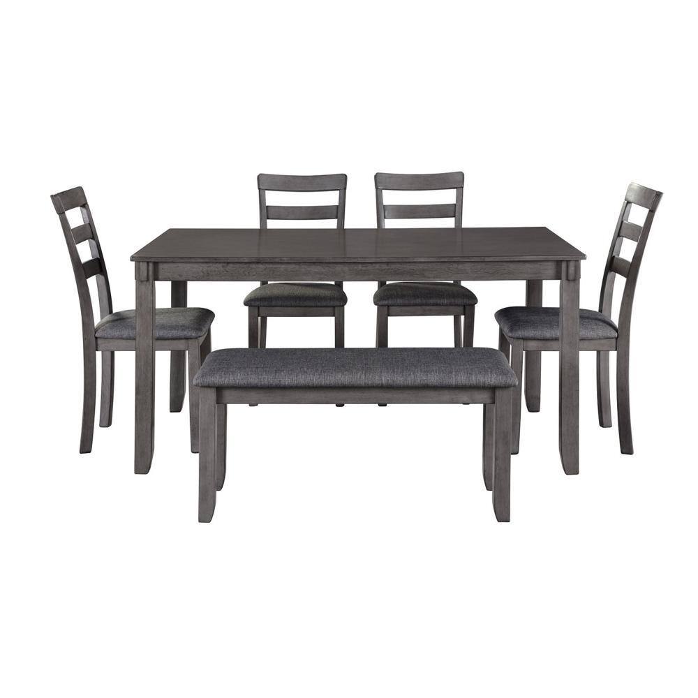Gray Wooden Dining Table Set with Padded Chairs and Bench