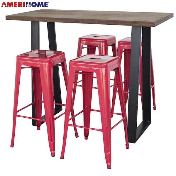 AmeriHome Red Acacia Wood Top Bar Height Pub Set with Red Bar Stools (Set of 5)