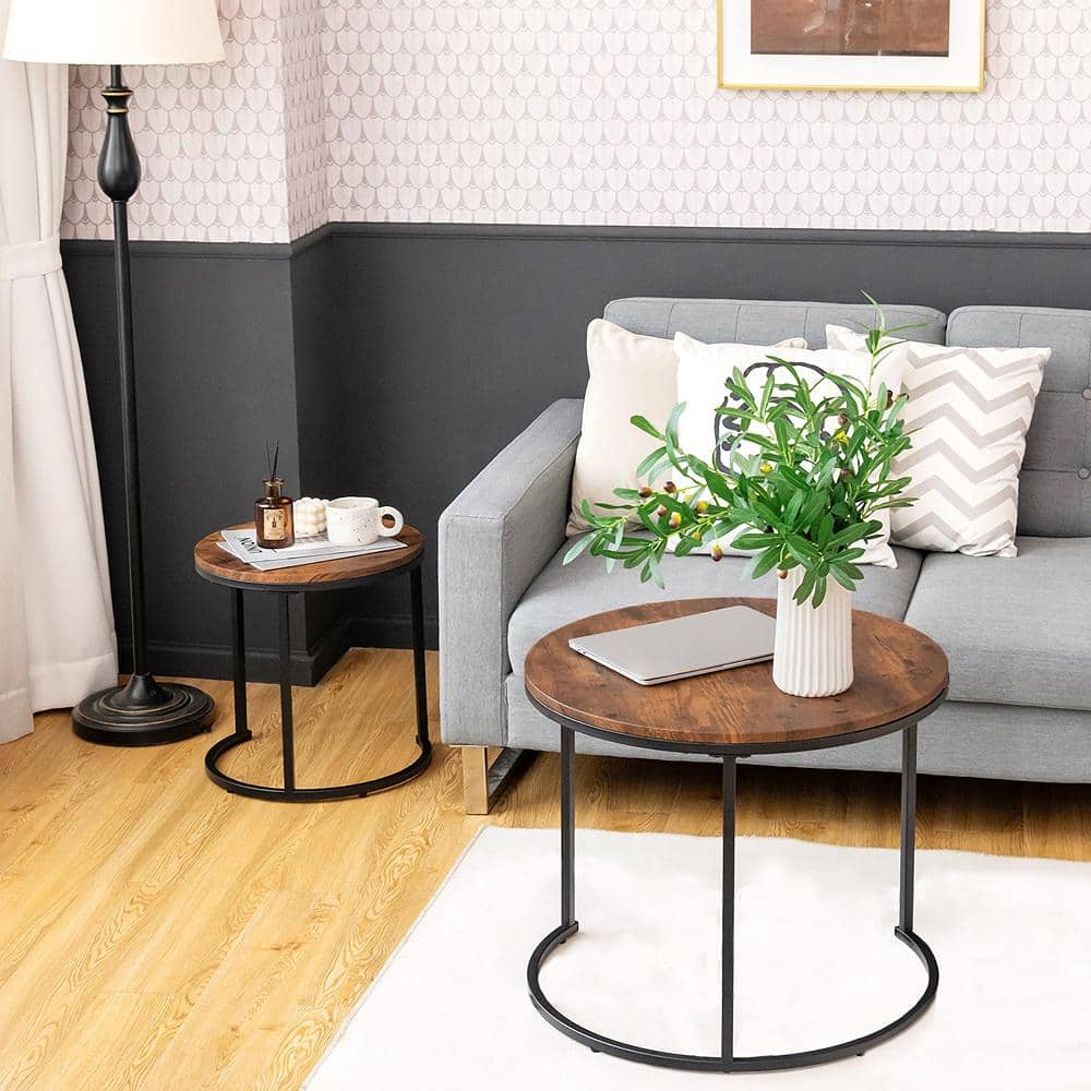 Rustic Brown Round Wood and Steel Nesting Tables Set