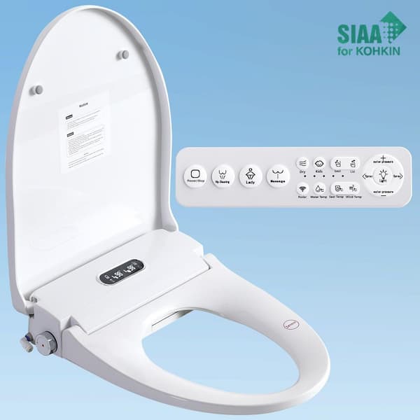 Electric Bidet Seat for Elongated Toilets in White with Auto Open/Close Cover, LED Display and Remote Control