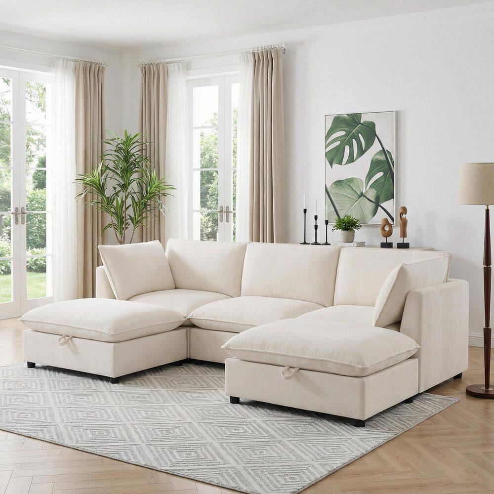 98 in. Chenille Modular Sectional Sofa in Beige with Movable Storage Ottoman and Cup Holders price history on PriceWatchPro