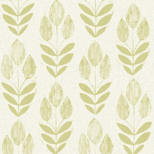 Scandinavian Green Block Print Tulip Strippable Roll Wallpaper (Covers 56 sq. ft.)