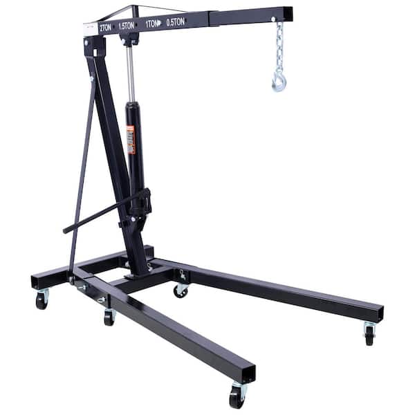 Black 2-Ton Folding Engine Hoist Cherry Picker Shop Crane Hoist Lift, Heavy-Duty Steel with 6 Iron Caster Wheels