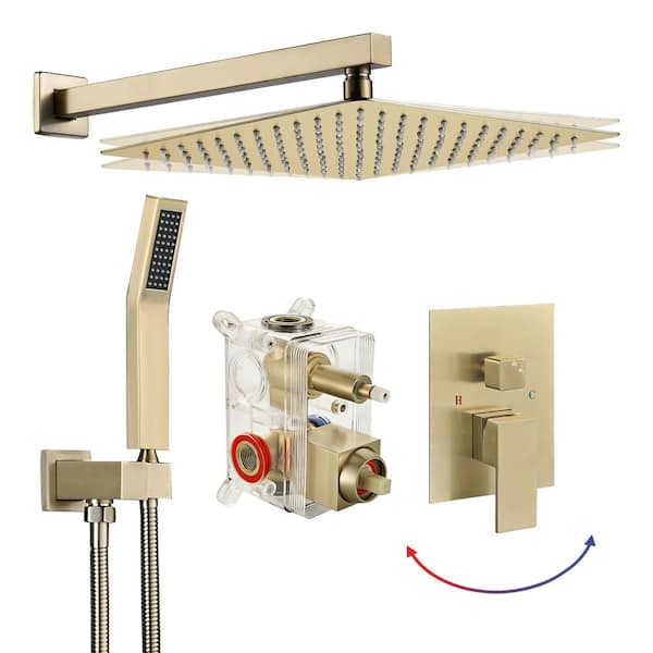 Zalerock Rainfall 1-Spray Square 12 in. Shower System Wall Bar Shower Kit with Hand Shower in Brushed Gold (Valve Included)
