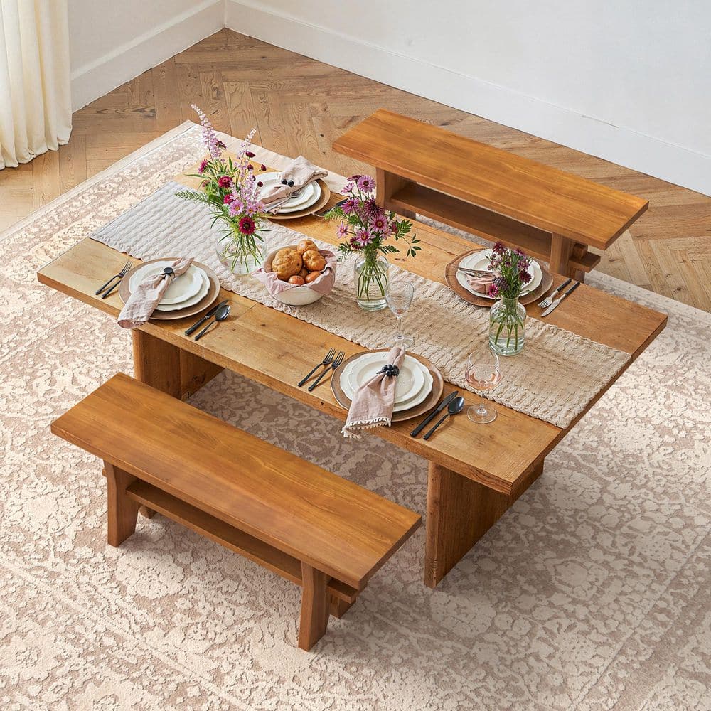 47 in. W Solid Elm Wood Dark Wood Entryway Bench Backless Dining Bench with Storage Shelf for Dining Room Set of 2
