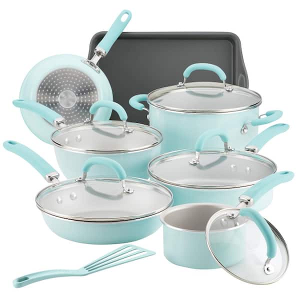 Rachael Ray Create Delicious 13-Piece Aluminum Nonstick Cookware Set in Light Blue Shimmer