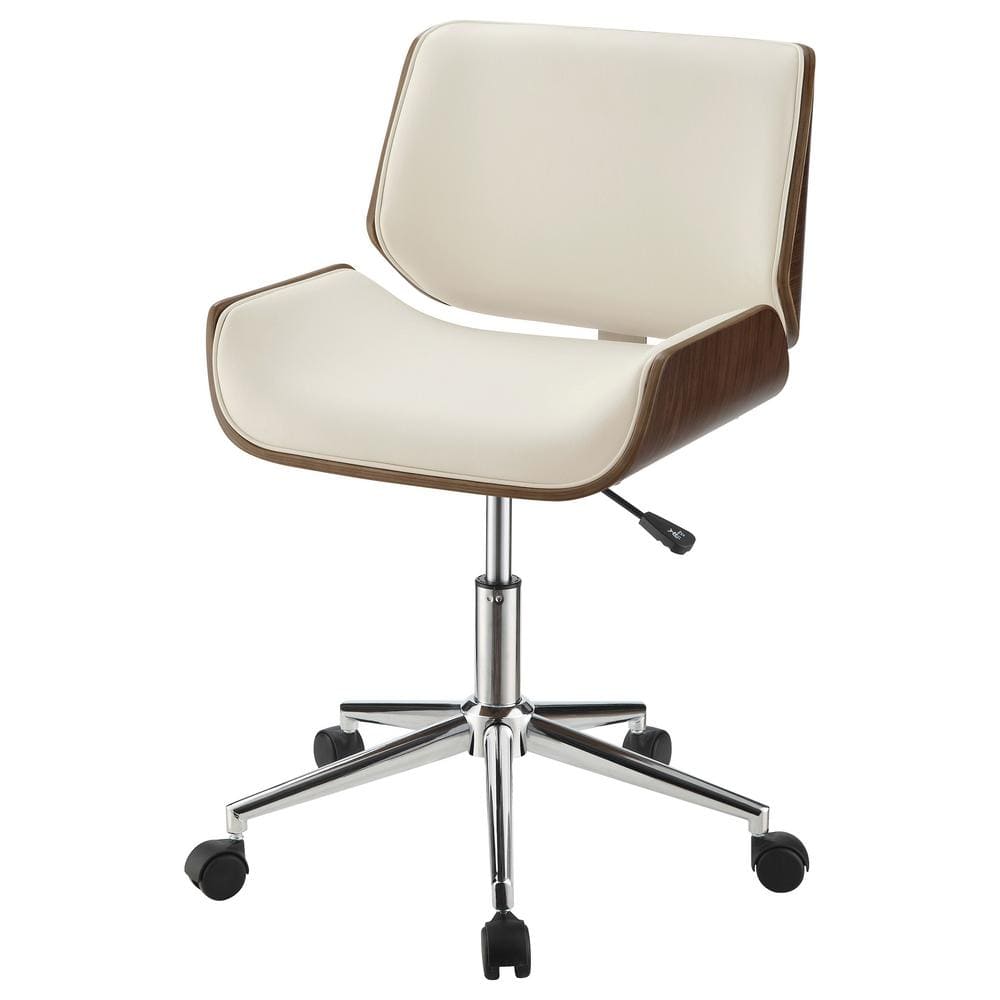 Ecru Leatherette and Walnut Swivel Desk Chair