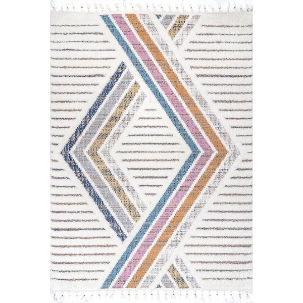 nuLOOM Angela High-Low Modern Diamond Tassel Beige 6 ft. 7 in. x 9 ft. Indoor Area Rug