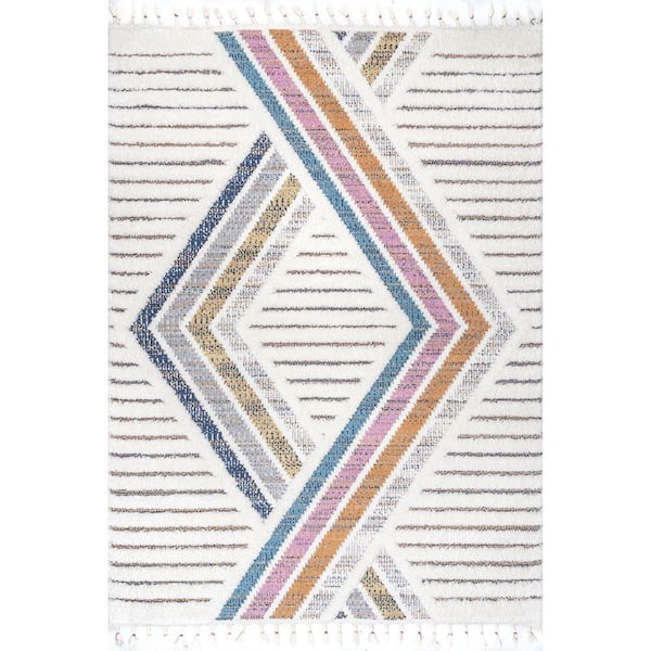 nuLOOM Angela Beige 7 ft. 10 in. x 10 ft. High-Low Modern Diamond Tassel Indoor Area Rug