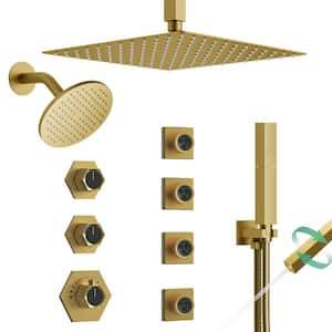 Thermostatic 8-Spray 12 and 6 in. Dual Shower Heads Ceiling Mount Fixed and Handheld Shower Head 2.5 GPM in Brushed Gold