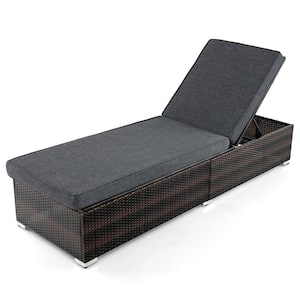 Patio Wicker Lounge Chair with 4-Level Backrest and Long Gray Seat Cushion