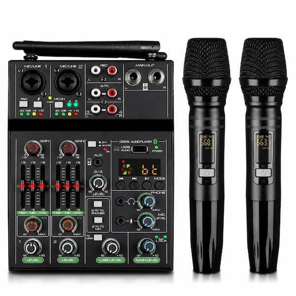 4 Channel Professional Audio Mixer Console with Dual Wireless Microphone Support in Black 1 Pack
