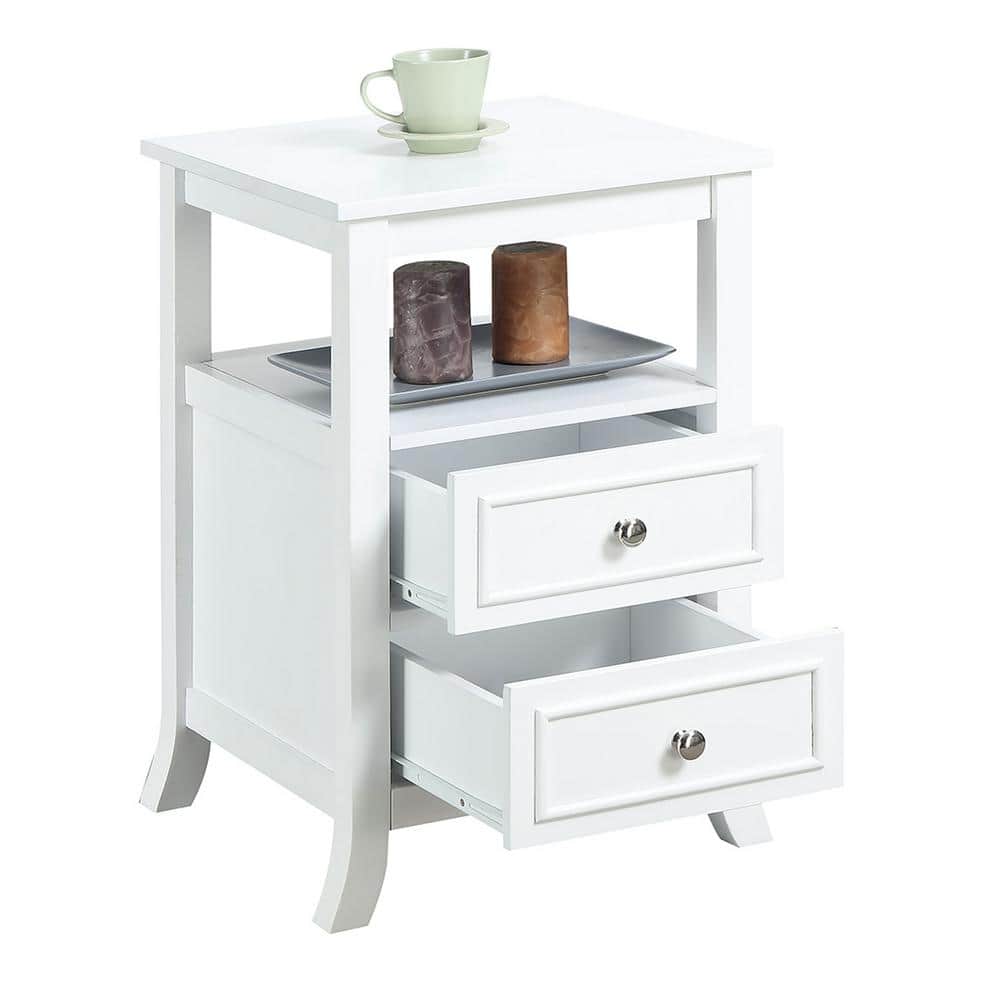 White Wood End Table with Storage Drawers and Shelf