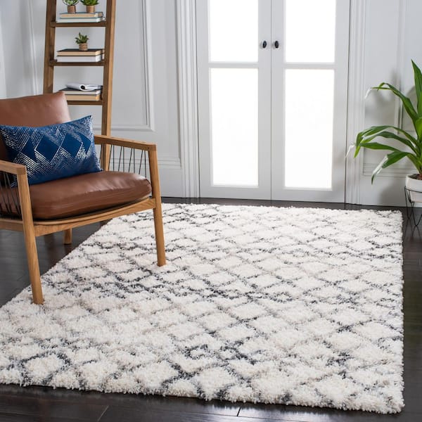 Fontana Shag 3 ft. x 3 ft. Ivory/Gray Distressed Geometric Square Area Rug
