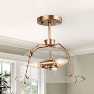 Modern Gold Round Ceiling Light 3-Light Dome Bedroom Semi-Flush Mount Light with Seeded Glass Shade