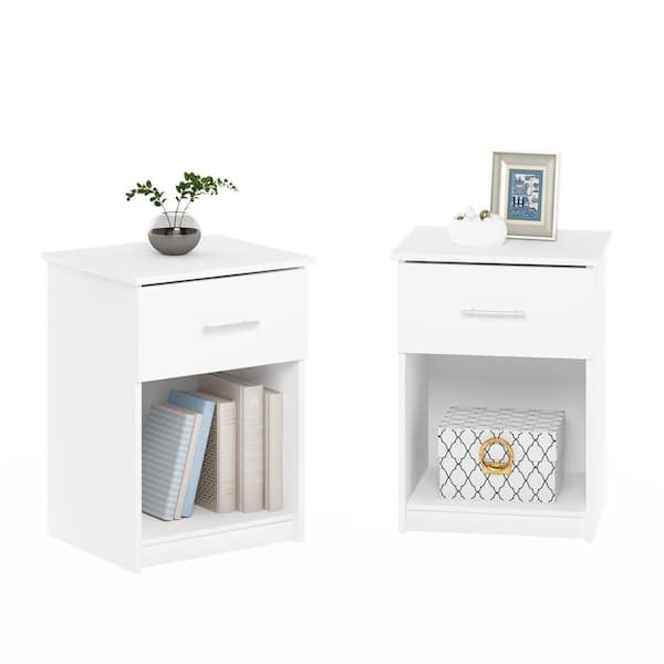 Furinno Tidur 1-Drawer Solid White Nightstands with Handle 24.14 in. H x 17.72 in. W x 15.67 in. D (Set of 2)