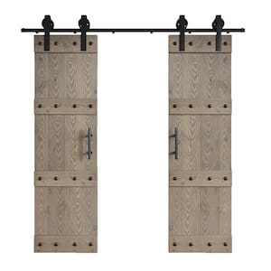 48 in. x 84 in. Castle Series Embossing Light Gray Knotty Wood Double Sliding Door With Hardware Kit