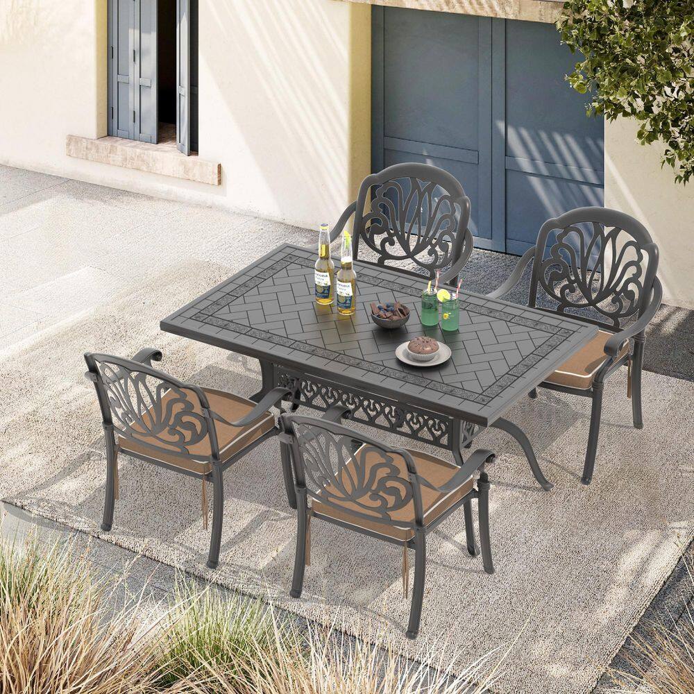 Elizabeth 5-Piece Cast Aluminum Outdoor Dining Set with 59.05 in. x 35.43 in. Rectangular Table and Brown Cushion price history on PriceWatchPro