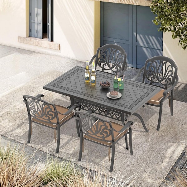 Willit Elizabeth 5-Piece Cast Aluminum Outdoor Dining Set with 59.05 in. x 35.43 in. Rectangular Table and Brown Cushion