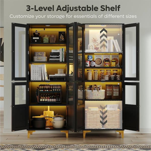 Tall Black Engineered Wood 24 in. Kitchen Pantry Cabinet with Adjustable Shelves, Glass Doors and Led Lights