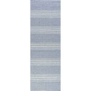 Bergamot Striped Cotton Blue Grey 3 ft. x 8 ft. Runner Rug