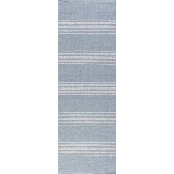 Bergamot Striped Cotton Blue Grey 3 ft. x 8 ft. Runner Rug