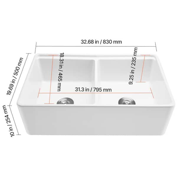 SKYSHALO Drop-in Farmhouse Sink 33 x 20 in. Fireclay Undermount