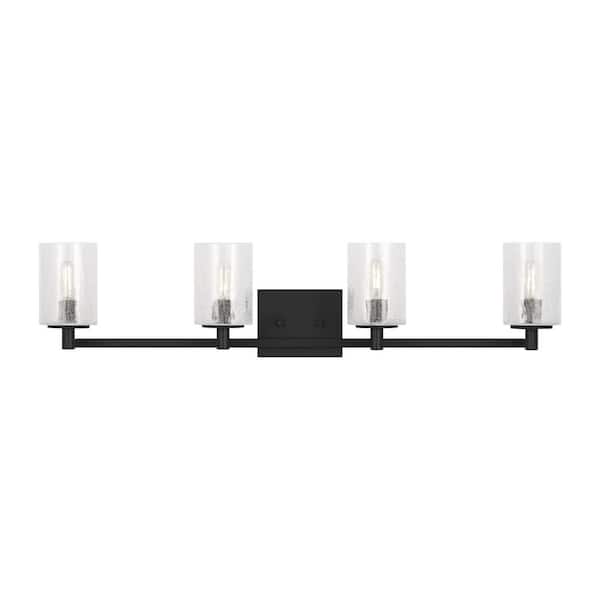 Parker 35 in. W x 7.75 in. H 4-Light Midnight Black Bathroom Vanity Light with Clear Crackle Glass Shades