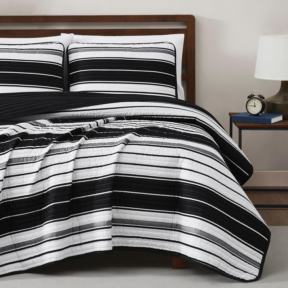 Black and White Striped Twin Microfiber Quilt Set