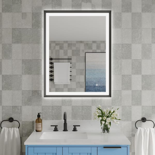 28 in. W x 36 in. H Rectangular Framed Backlit Front Light Slope LED Bathroom Vanity Mirror in Black,Easy Installation