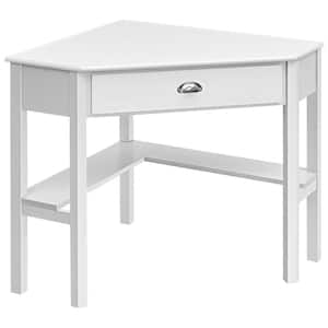 41.5 in. H White Corner Wood 1-Drawer Laptop Desk with 2-Bottom Shelves and Pinewood Legs