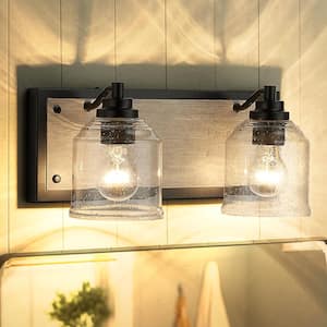 Modern 15.75 in. 2-Lights Black Bathroom Vanity Light, Farmhouse Wood Grain Wall Sconce with Clear Seeded Glass Shades