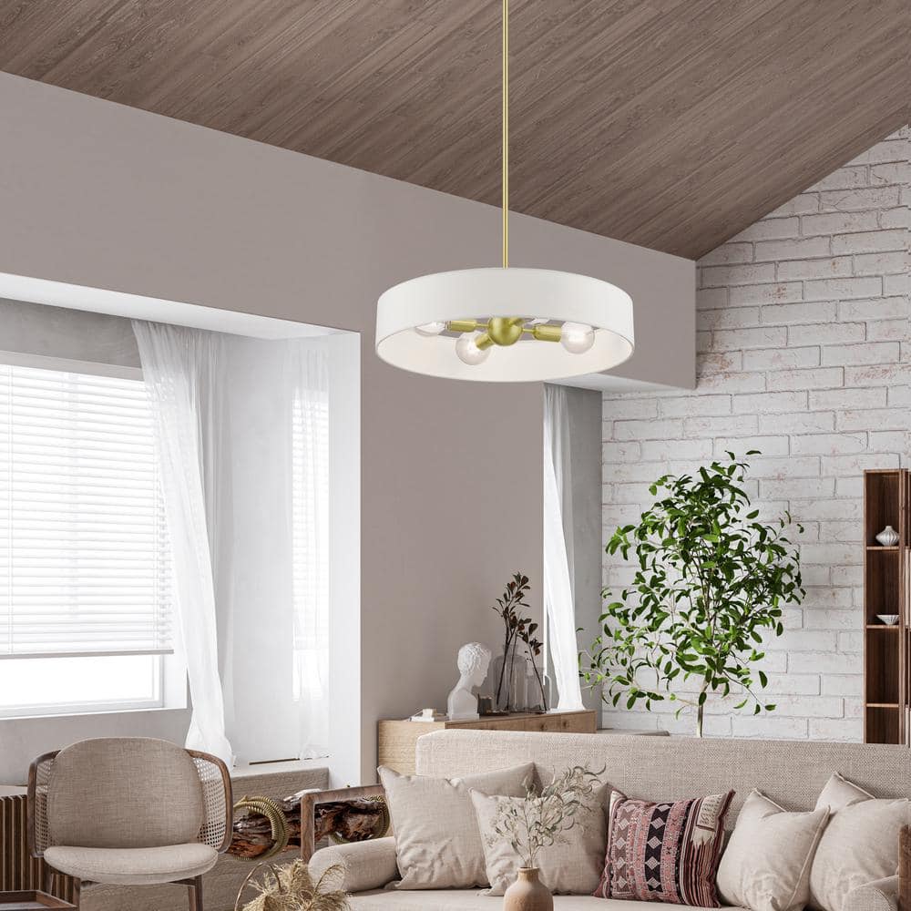 Satin Brass 22" Drum Pendant with Off-White Fabric Shade