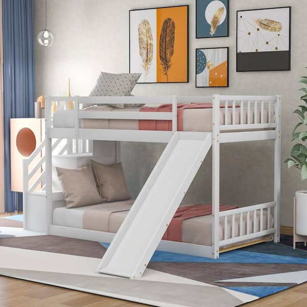 Noble House Lea White Wood Frame Twin Over Twin Bunk Bed with Convertible Slide and Storage Stairway