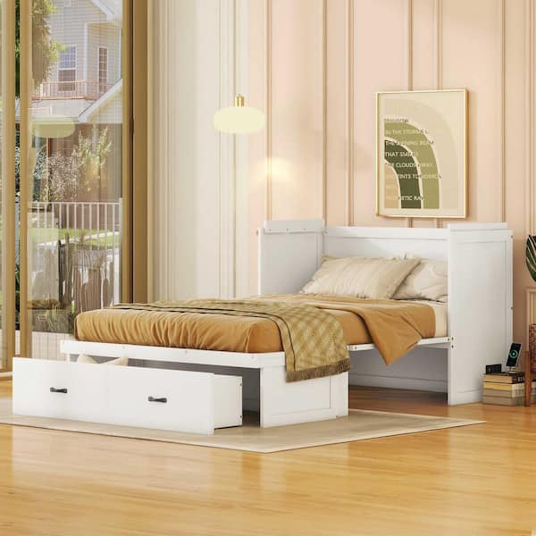 Polibi White Wood Frame Full Murphy Bed with USB Port and a Large Drawer