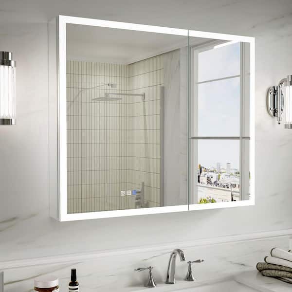 Lonni 36 in. W x 30 in. H Medium Rectangular Silver Aluminum Recessed/Surface Mount Medicine Cabinet with Mirror and LED