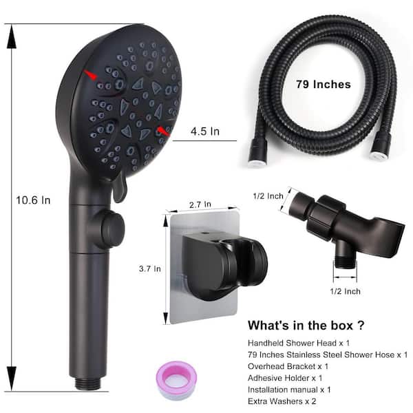 1-Piece 8-Mode High Pressure Handheld Shower Head in Black with On Off Switch, 79 in. Hose, Bracket and Adhesive Holder