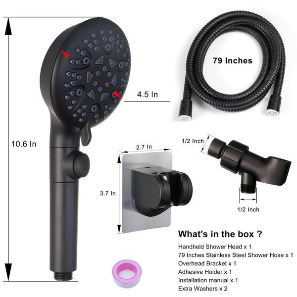 1-Piece 8-Mode High Pressure Handheld Shower Head in Black with On Off Switch, 79 in. Hose, Bracket and Adhesive Holder