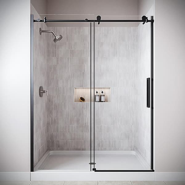 Serraia 60'' x 76'' Semi-Frameless Sliding Shower Door with CrystalTech Treated 5/16'' Glass, Matte Black Hardware