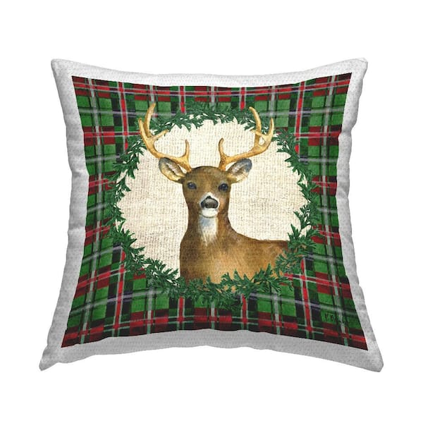 Plaid Holiday Deer Red Square Outdoor Throw Pillow