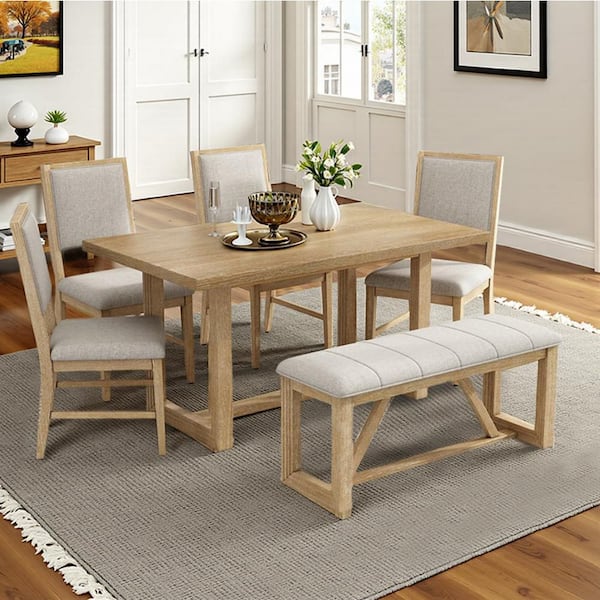 Owen 6 Piece Rectangular Natural Wood Top Dining Table Set Seats 6 with Bench and 4 Dining Chairs, Designed Trestle Base