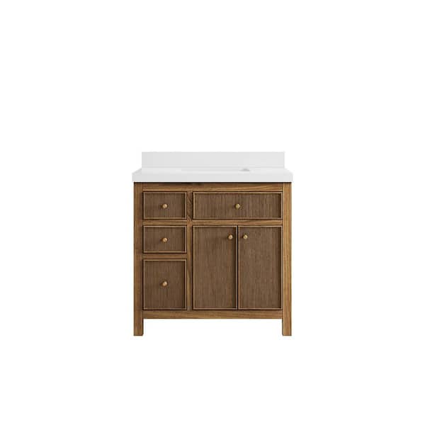 Sonoma Teak 36 in. W x 22 in. D x 36 in. H Single Sink Bath Vanity Center in Dark Teak with 2" White Quartz Top