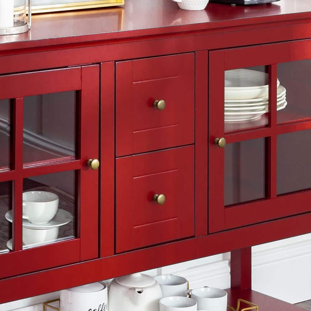Antique Red Farmhouse Console with Glass Doors and Storage