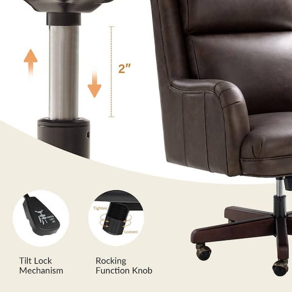 Geofredo Chocolate Traditional 42.5 in. H Genuine Leather Swivel Tilting Office Chair with Solid Wood Legs