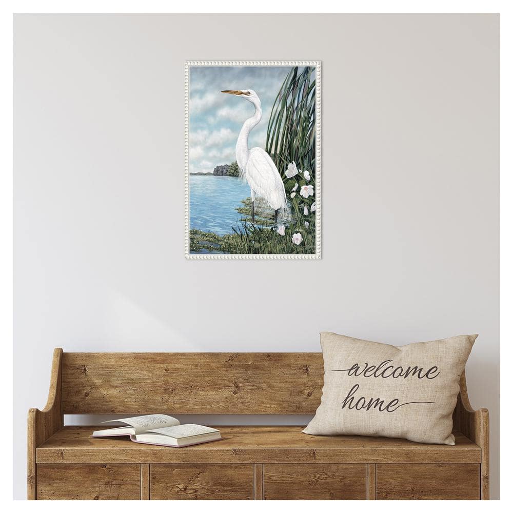 Great White Egret Coastal Scene Beaded Framed Canvas Art