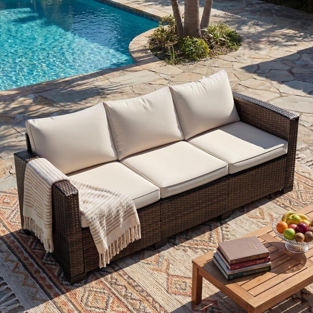 Wicker Outdoor Couch 3 Seater with Wider Armrest, Beige Cushions price history on PriceWatchPro
