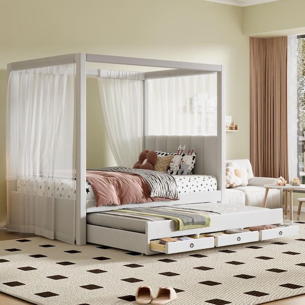 Beige Wood Frame Twin Platform Bed with Trundle and 3 Storage Drawers